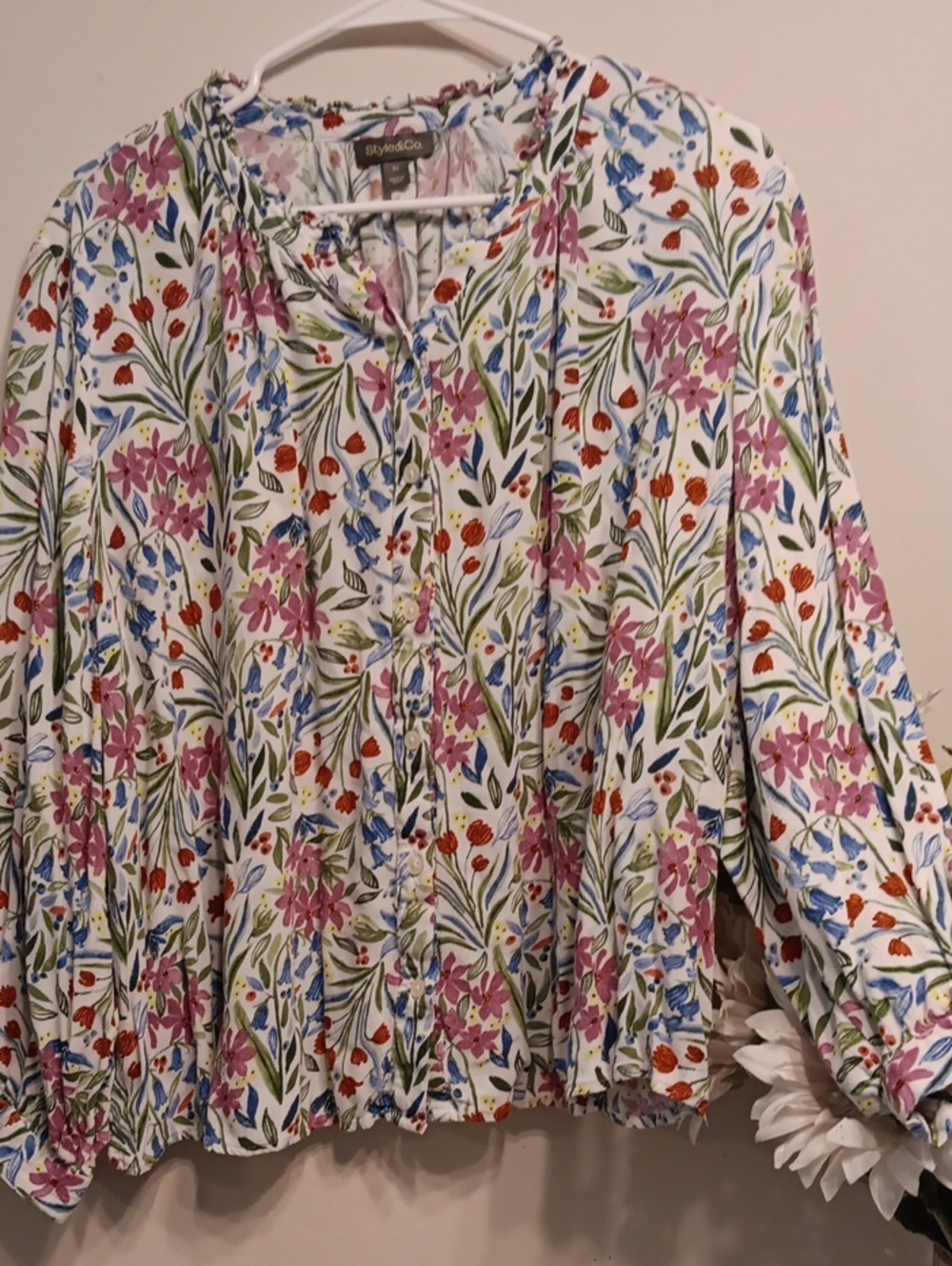 Style & Co. White Floral Button-Front Blouse